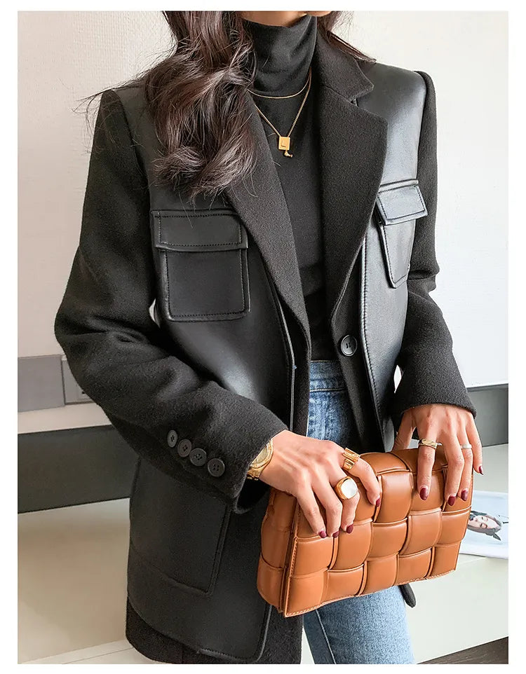 “Leona” Women’s Black Wool Designer Leather Jacket