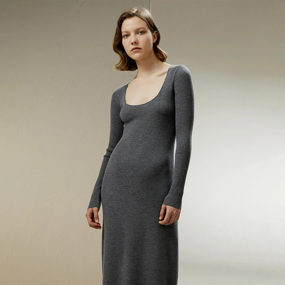 “Grey Goose” Merino Wool Long Sleeve Midi Dress
