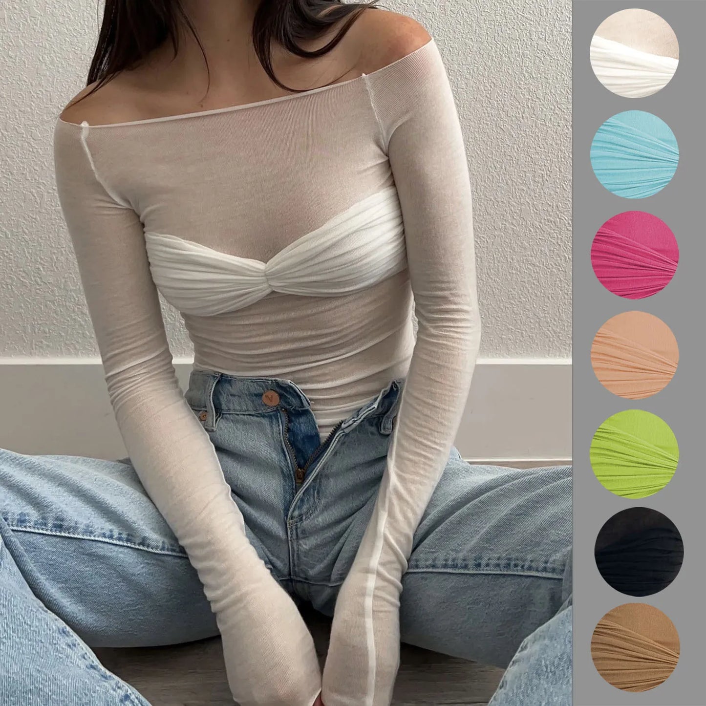 "Delta" Women's Mesh Off-Shoulder Long Sleeve Top