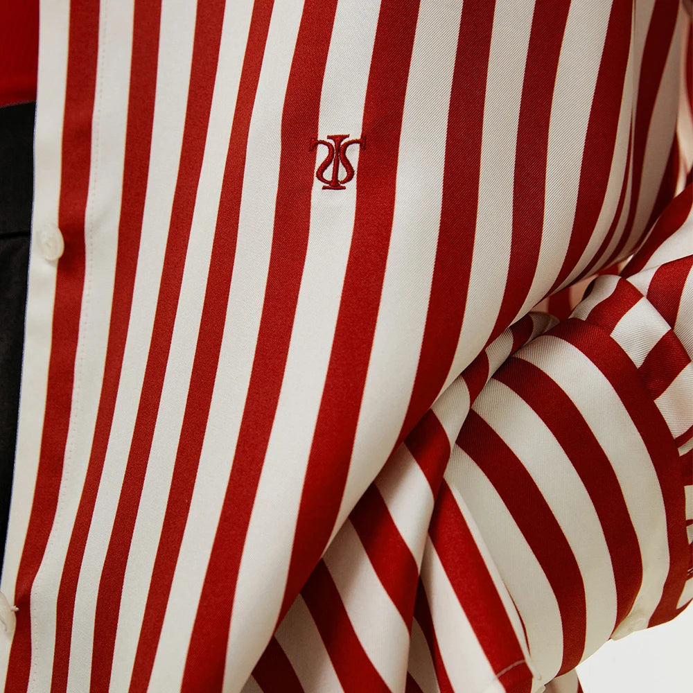 ”Me, Myself, And I” Women’s Red Striped Mulberry Silk Collared Shirt