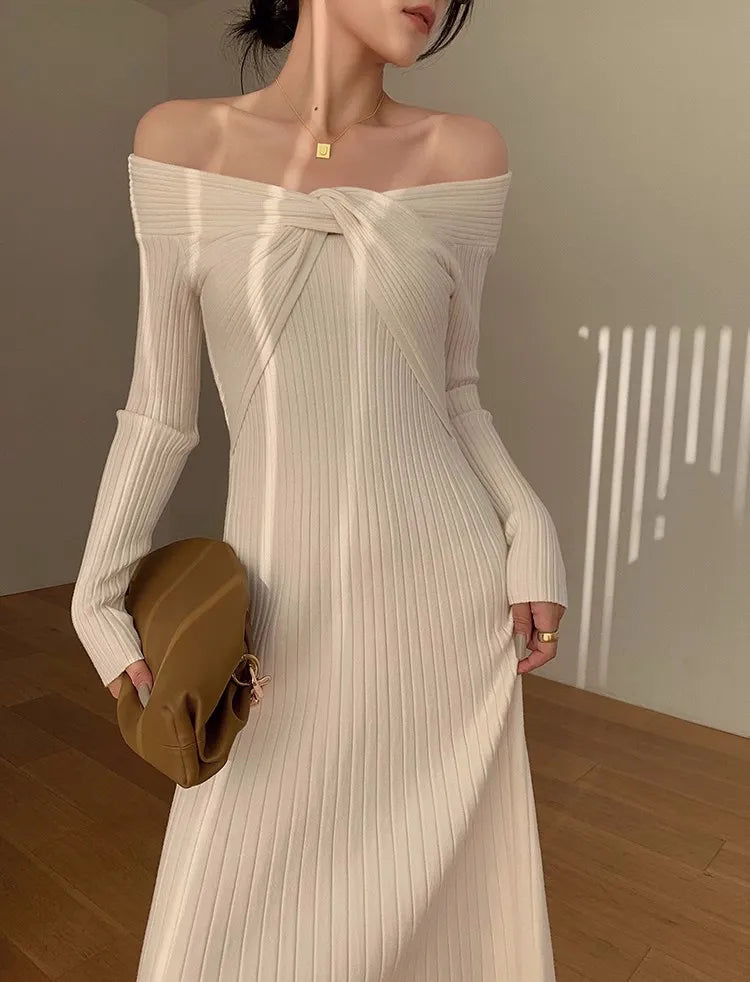 “Cashmere” Temperament Knitted Off Shoulder Designer Dress