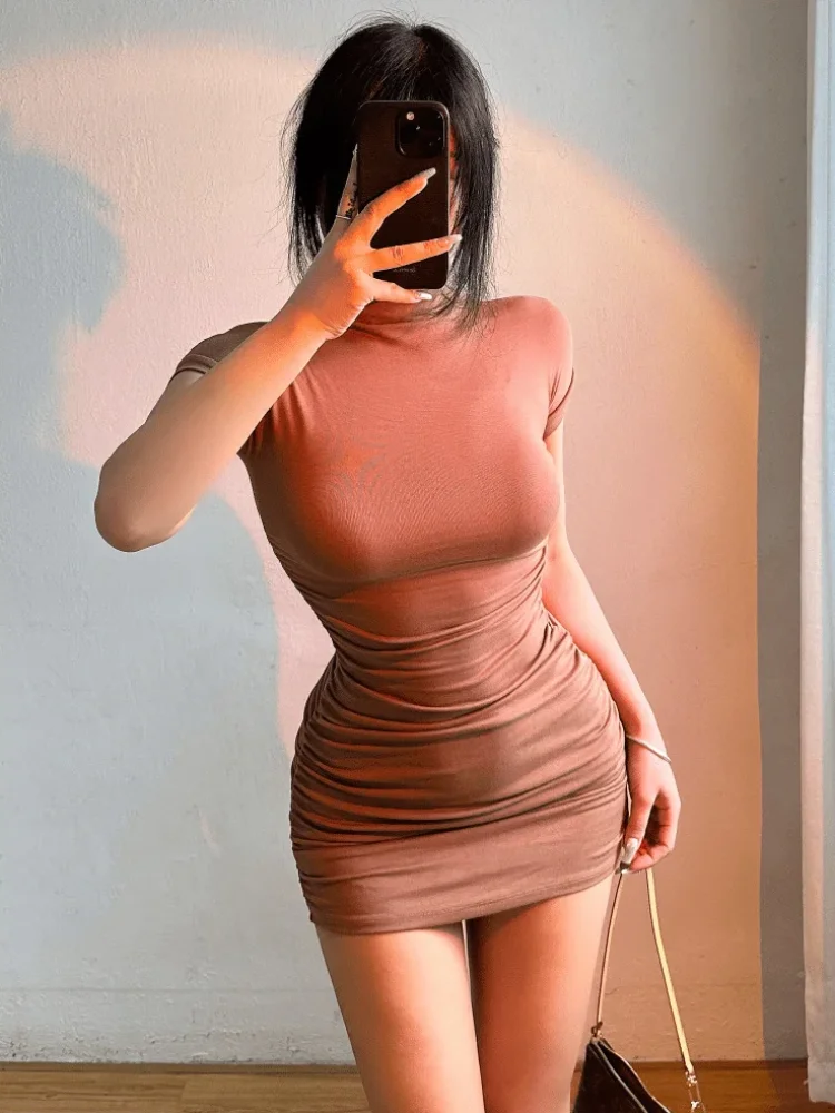 "Stella" Women's High Collar Short Sleeve Pleated Bodycon Mini Dress