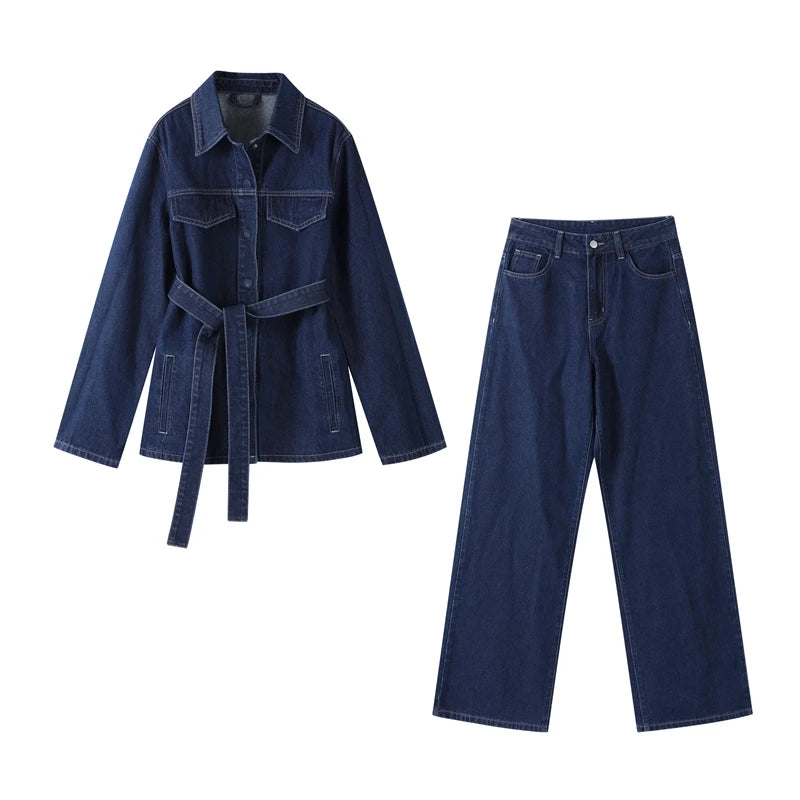 "Bel Air" Women's Cinched Lace Up Wide Leg Denim Pants Set