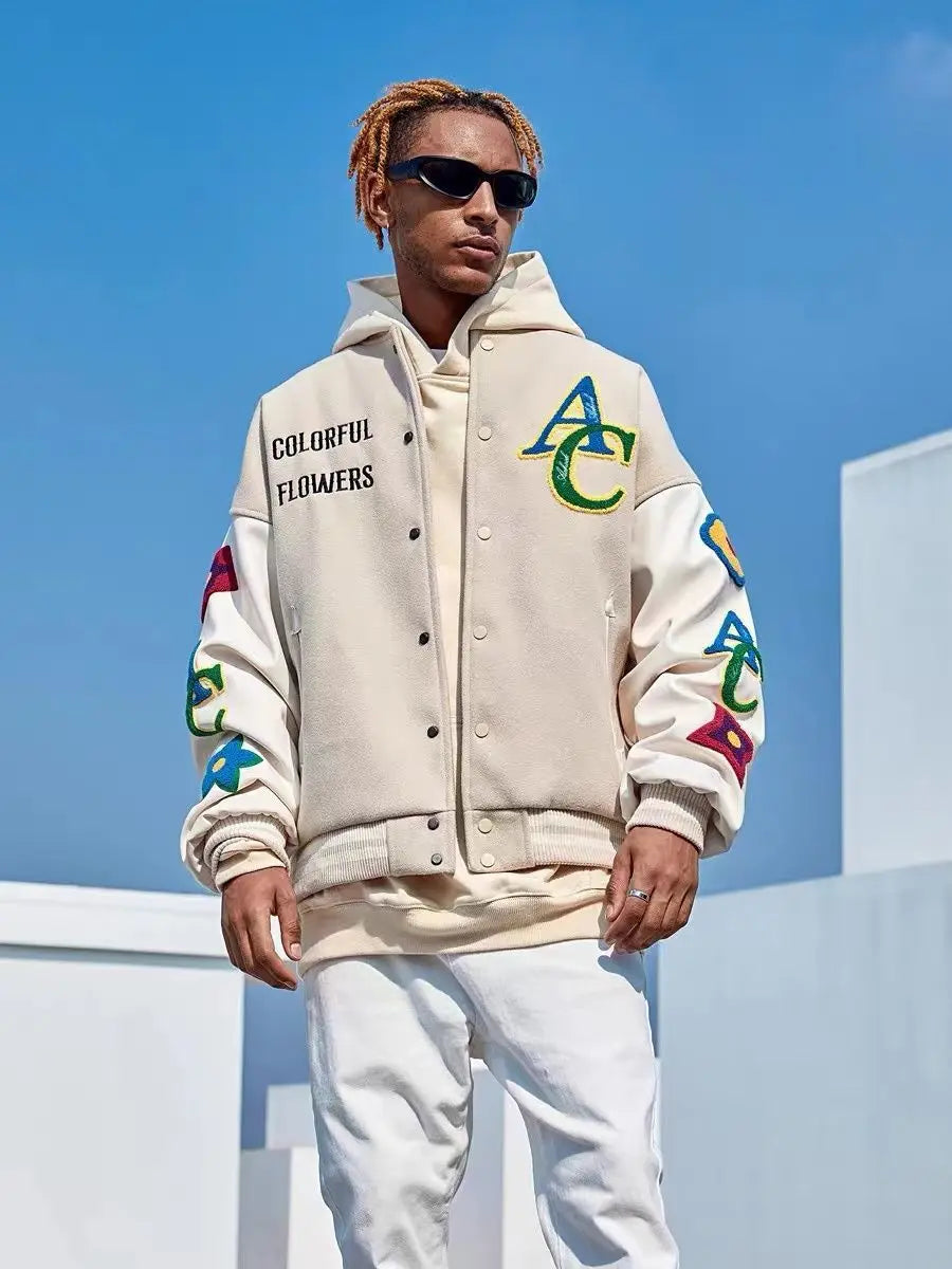 “Colorful Flowers” Men’s American Flower Embroidered Urban Bomber Jacket