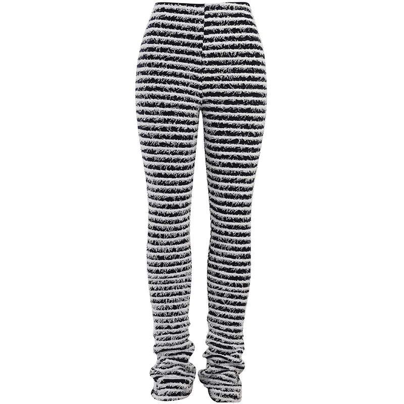 “Pay The Fee” Knitted Black and White Striped High Waist Flare Pants