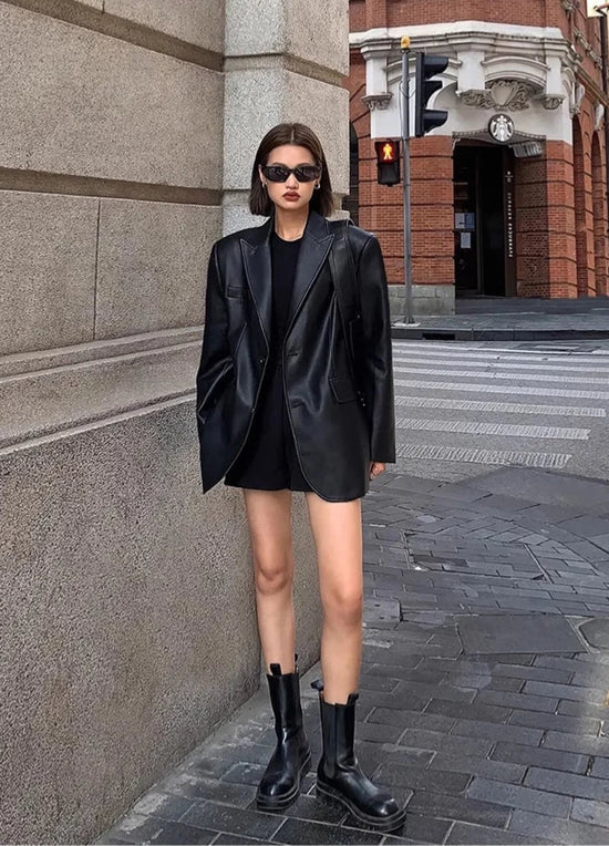 “Lara” Women’s Soft Leather Korean Style Long Sleeve Blazer