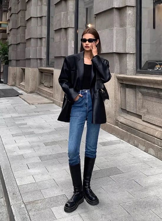 “Lara” Women’s Soft Leather Korean Style Long Sleeve Blazer