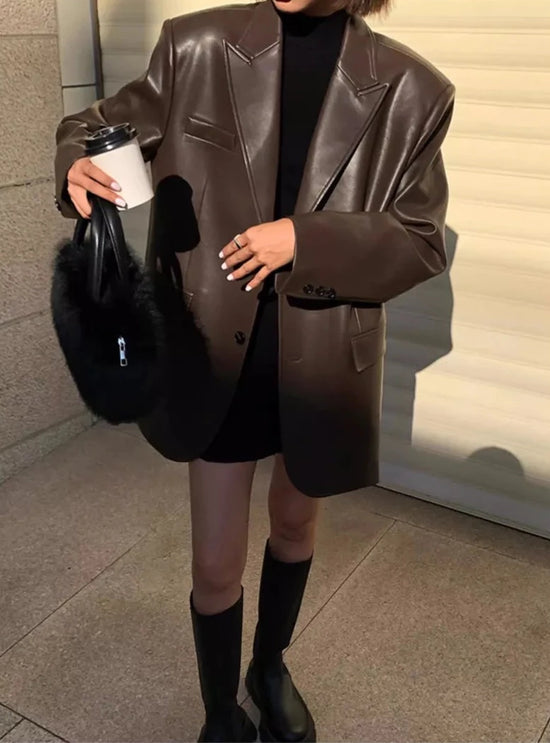 “Lara” Women’s Soft Leather Korean Style Long Sleeve Blazer