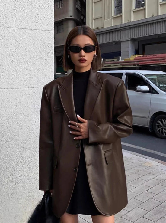 “Lara” Women’s Soft Leather Korean Style Long Sleeve Blazer