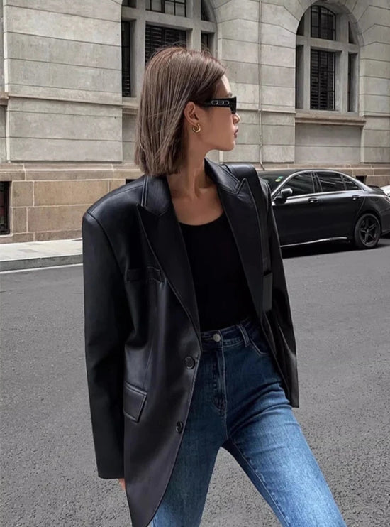 “Lara” Women’s Soft Leather Korean Style Long Sleeve Blazer