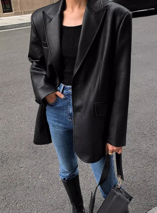 “Lara” Women’s Soft Leather Korean Style Long Sleeve Blazer
