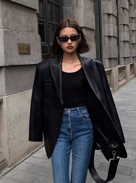 “Lara” Women’s Soft Leather Korean Style Long Sleeve Blazer