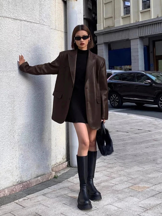 “Lara” Women’s Soft Leather Korean Style Long Sleeve Blazer