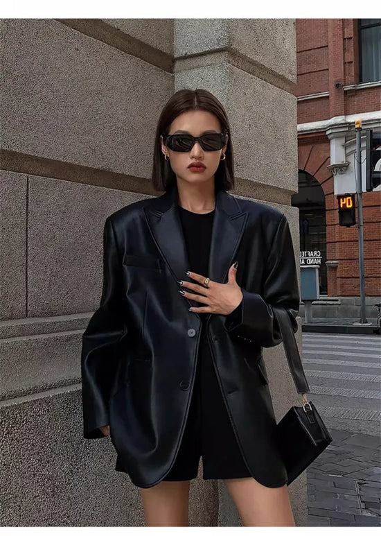 “Lara” Women’s Soft Leather Korean Style Long Sleeve Blazer