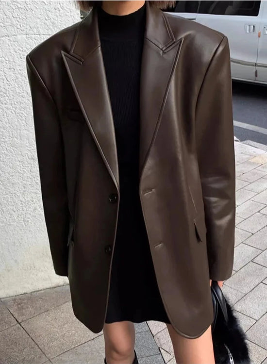 “Lara” Women’s Soft Leather Korean Style Long Sleeve Blazer