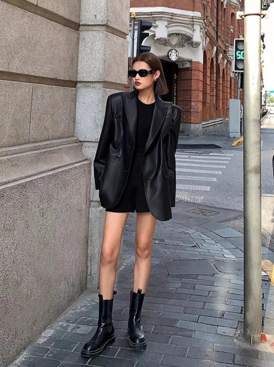 “Lara” Women’s Soft Leather Korean Style Long Sleeve Blazer