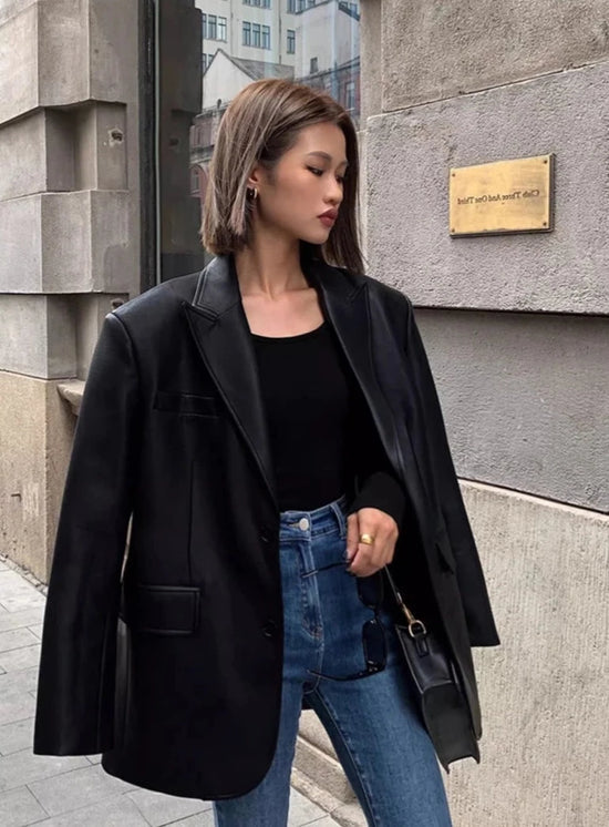 “Lara” Women’s Soft Leather Korean Style Long Sleeve Blazer