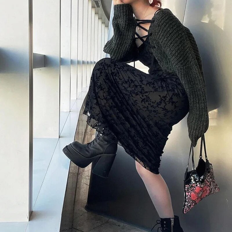 "AllBlack" Vintage Y2K Style Spaghetti Strap Maxi Dress