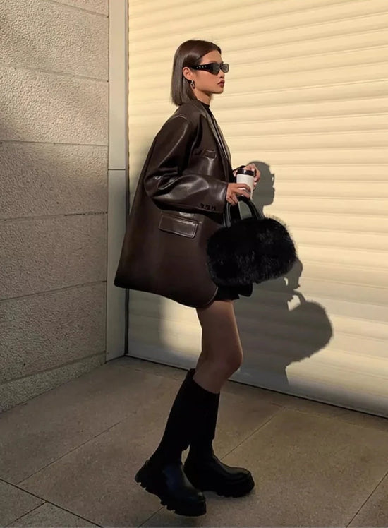 “Lara” Women’s Soft Leather Korean Style Long Sleeve Blazer