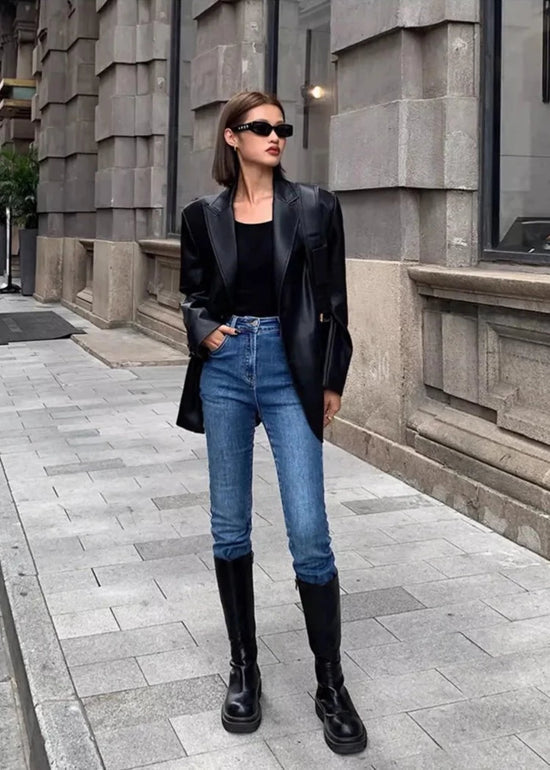 “Lara” Women’s Soft Leather Korean Style Long Sleeve Blazer