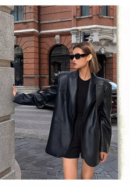 “Lara” Women’s Soft Leather Korean Style Long Sleeve Blazer