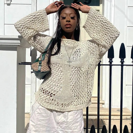 “Wonderlands” Women’s Vintage Y2K Style Long Sleeve Oversized See Through Top