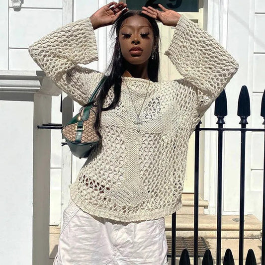 “Wonderlands” Women’s Vintage Y2K Style Long Sleeve Oversized See Through Top