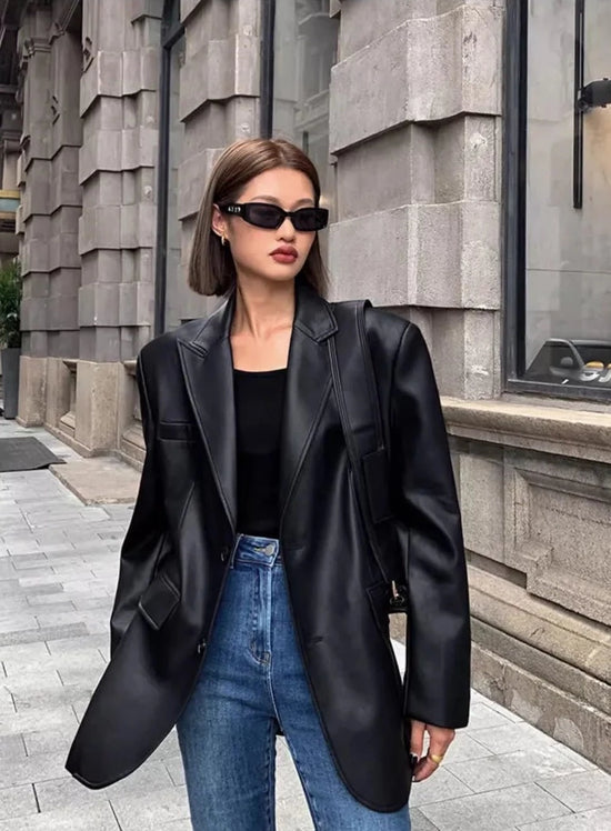 “Lara” Women’s Soft Leather Korean Style Long Sleeve Blazer
