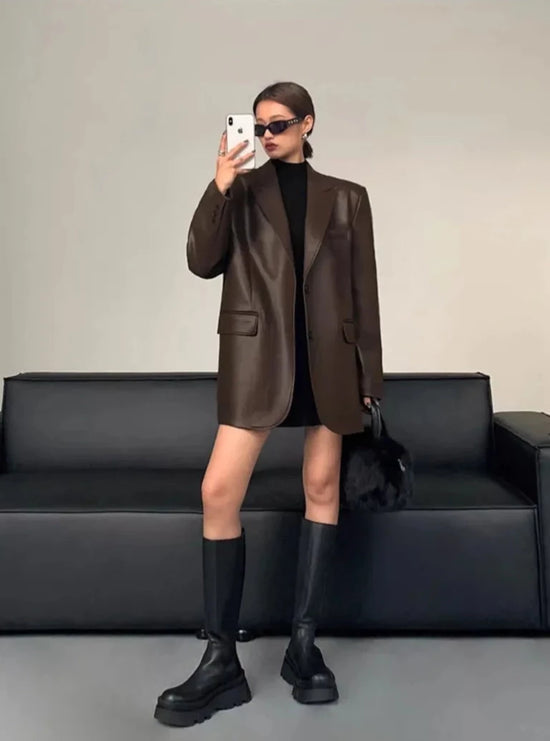 “Lara” Women’s Soft Leather Korean Style Long Sleeve Blazer