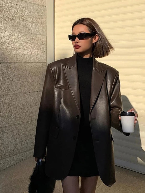 “Lara” Women’s Soft Leather Korean Style Long Sleeve Blazer