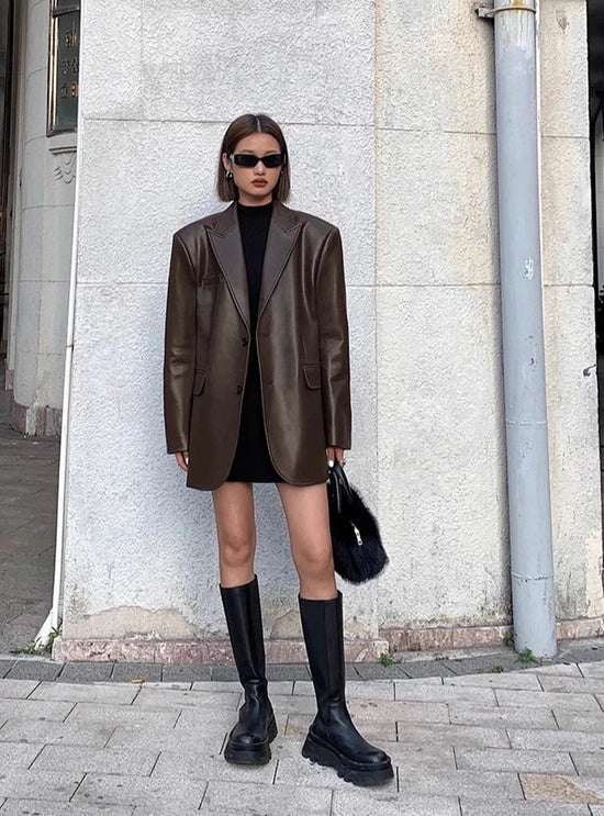 “Lara” Women’s Soft Leather Korean Style Long Sleeve Blazer