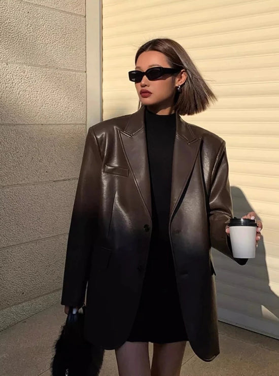 “Lara” Women’s Soft Leather Korean Style Long Sleeve Blazer