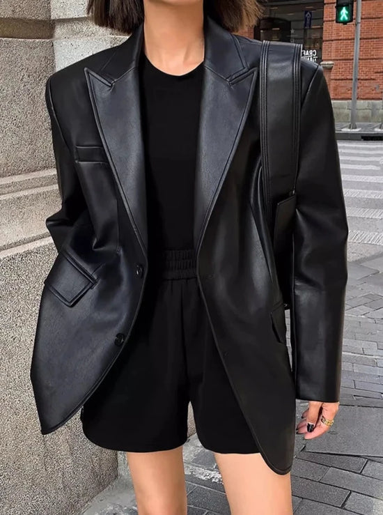 “Lara” Women’s Soft Leather Korean Style Long Sleeve Blazer