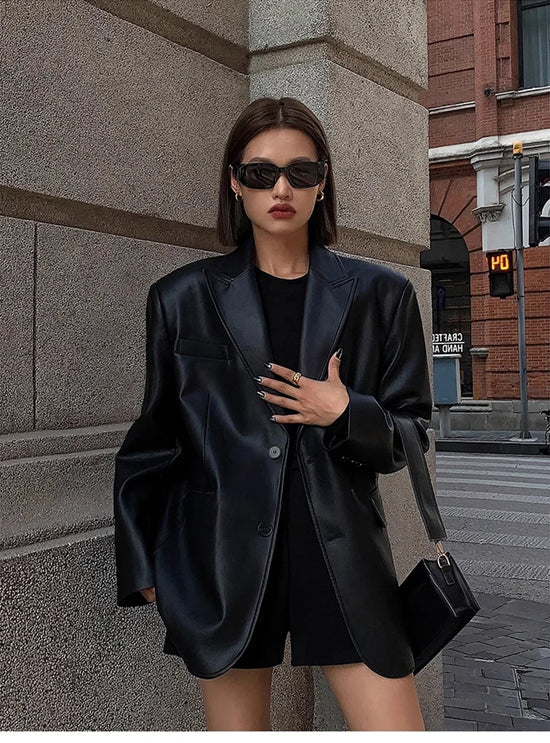 “Lara” Women’s Soft Leather Korean Style Long Sleeve Blazer