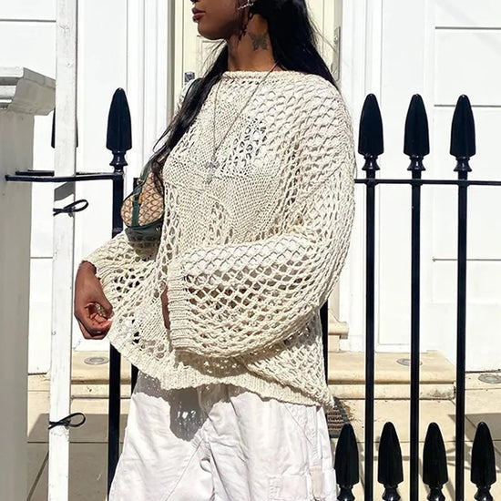 “Wonderlands” Women’s Vintage Y2K Style Long Sleeve Oversized See Through Top