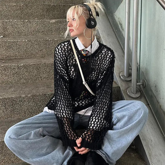 “Wonderlands” Women’s Vintage Y2K Style Long Sleeve Oversized See Through Top