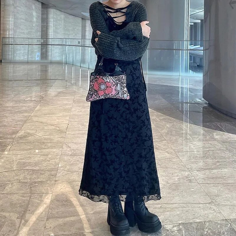 "AllBlack" Vintage Y2K Style Spaghetti Strap Maxi Dress