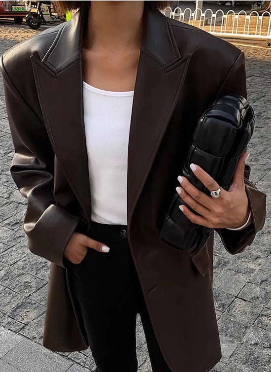 “Lara” Women’s Soft Leather Korean Style Long Sleeve Blazer