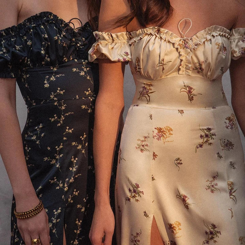 "Dandelion Dreams" Floral Print Off Shoulder Puff Sleeve Maxi Dress