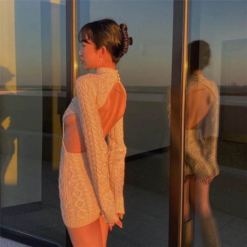"Keep Me Interested" Knitted Backless Long Sleeve Mini Dress