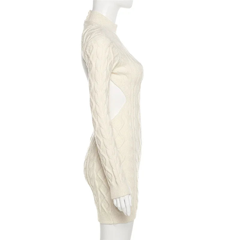 "Keep Me Interested" Knitted Backless Long Sleeve Mini Dress