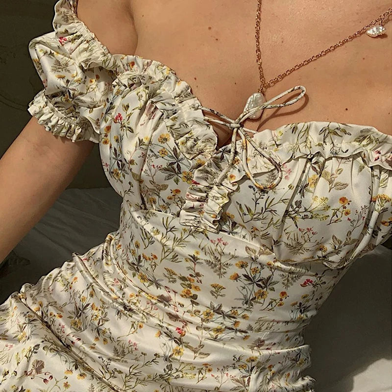 "Dandelion Dreams" Floral Print Off Shoulder Puff Sleeve Maxi Dress