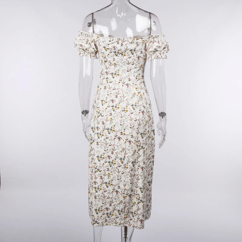 "Dandelion Dreams" Floral Print Off Shoulder Puff Sleeve Maxi Dress