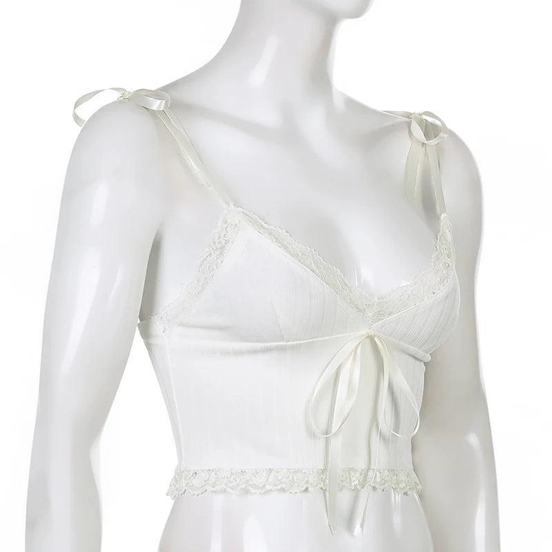 “Lily” Y2K Style Lace Trim Knitted Backless Crop Top