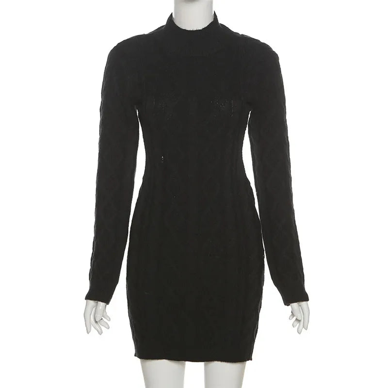 "Keep Me Interested" Knitted Backless Long Sleeve Mini Dress