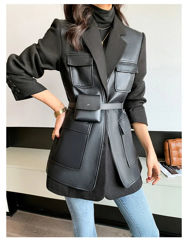 “Leona” Women’s Black Wool Designer Leather Jacket