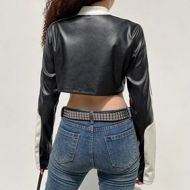 “Hot Shit” Women’s Cropped Two Tone Faux Leather Jacket