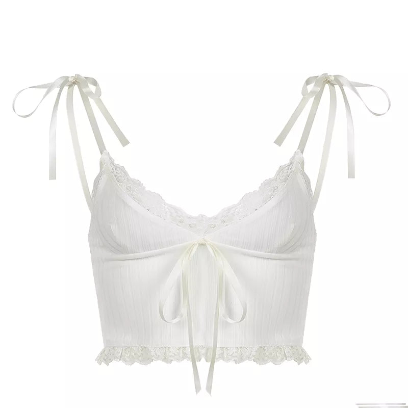“Lily” Y2K Style Lace Trim Knitted Backless Crop Top