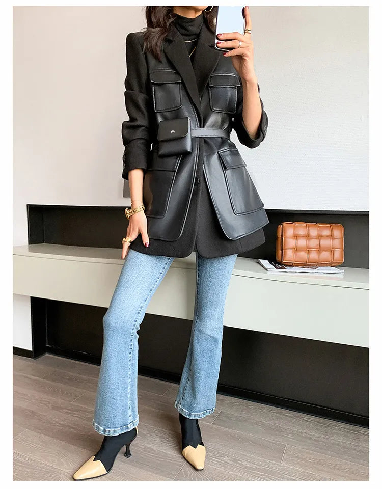 “Leona” Women’s Black Wool Designer Leather Jacket