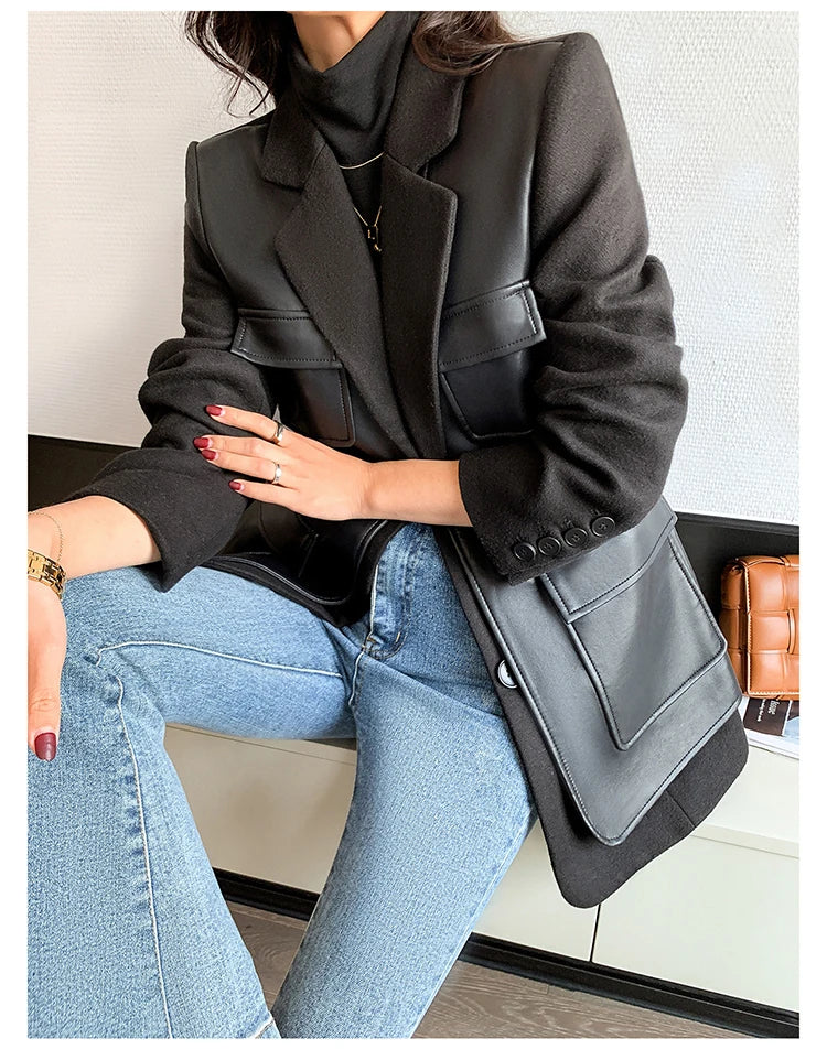 “Leona” Women’s Black Wool Designer Leather Jacket